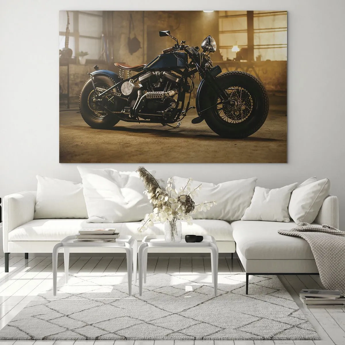 Cuadro sobre vidrio - Impresiones sobre Vidrio - Toma atmosférica de una motocicleta clásica en un garaje. - 70x50cm - Puedo hacer cualquier cosa - Decoración de pared moderna para salón y dormitorio ARTTOR
