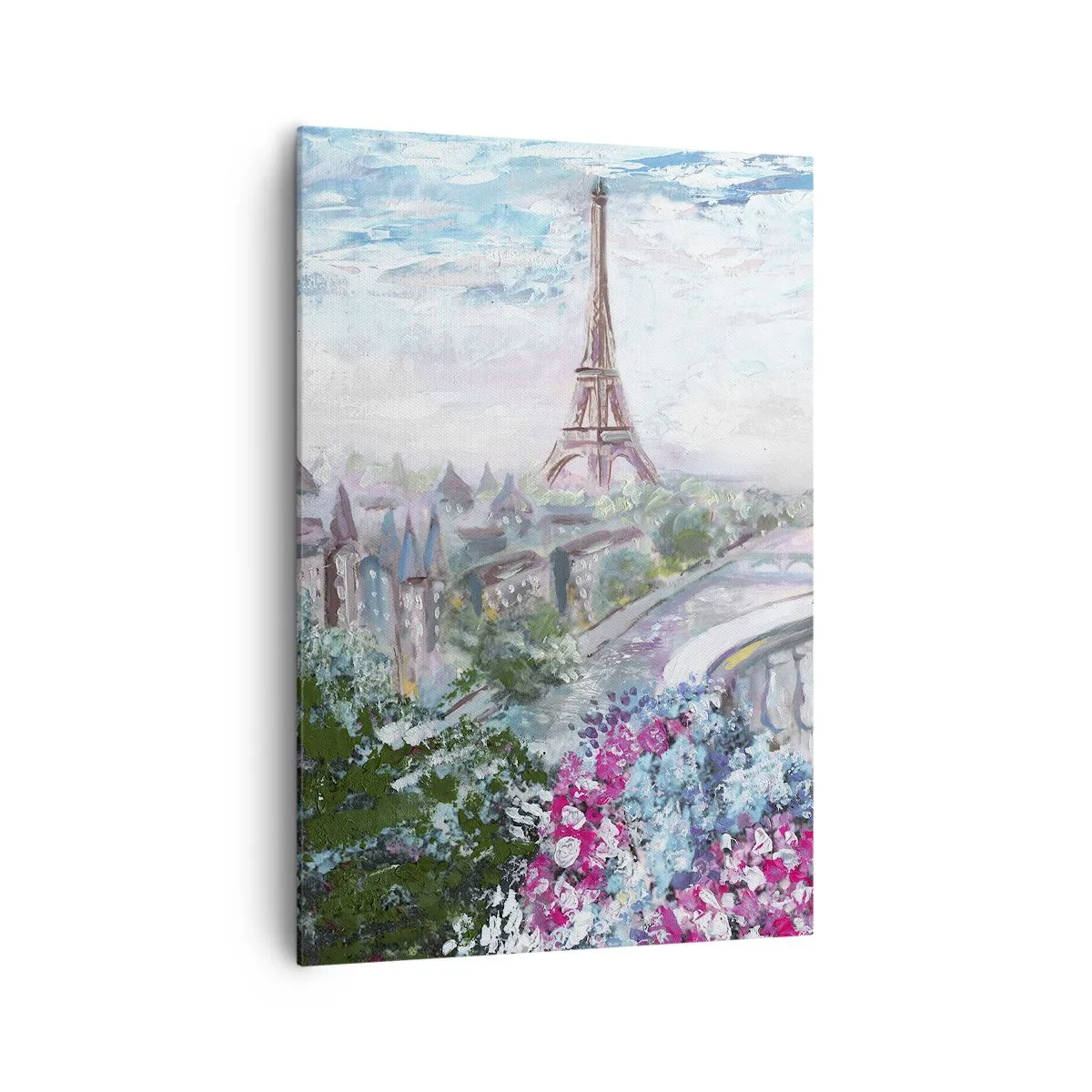 Cuadro sobre lienzo - Impresión de Imagen - Una vista romántica de París con la Torre Eiffel y un balcón lleno de flores. - 70x100cm - Mayo mágico en París - Decoración de pared moderna para salón y dormitorio ARTTOR