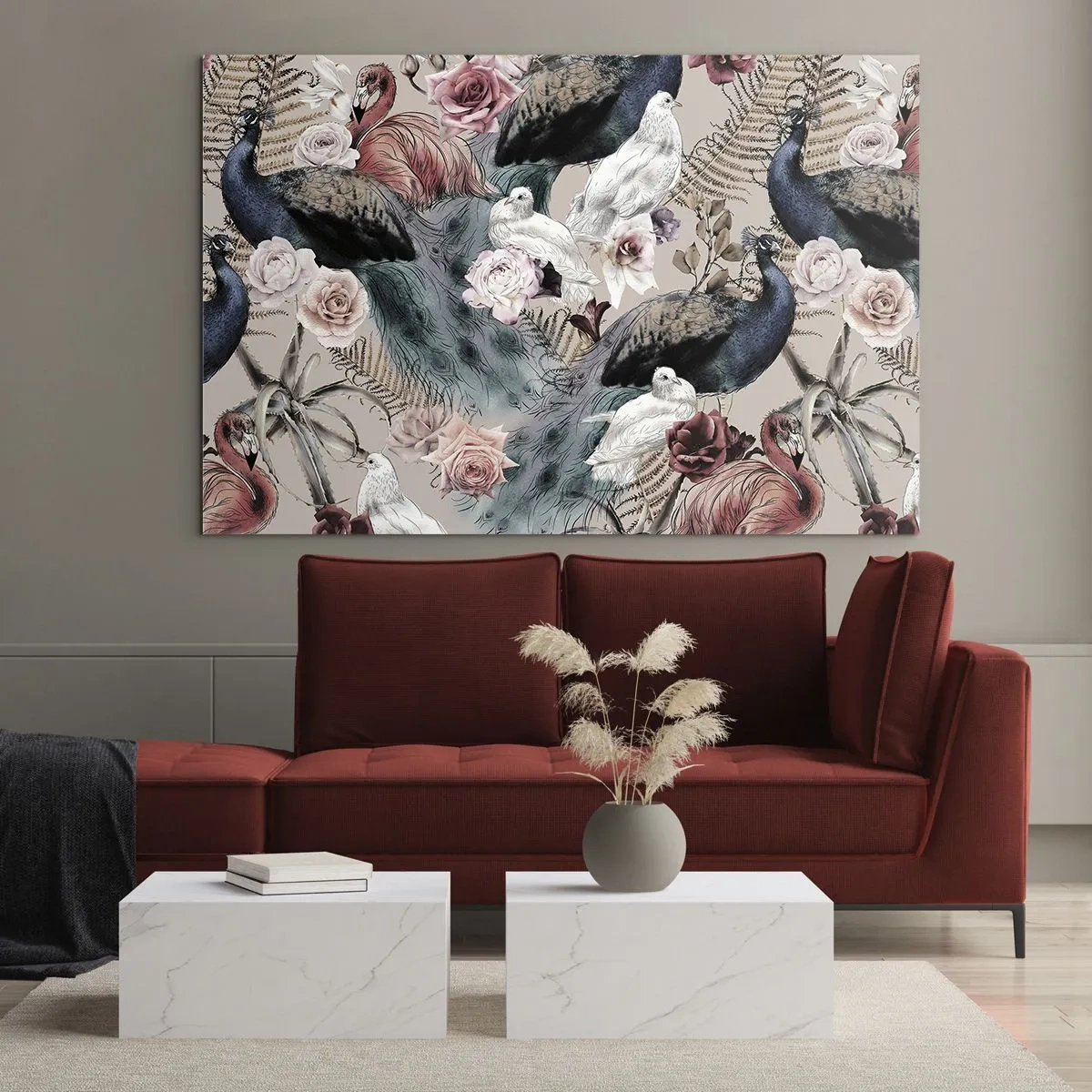Cuadro sobre vidrio - Impresiones sobre Vidrio - Pavos reales y flamencos rodeados de rosas y helechos. - 120x80cm - En un jardín de palacio - Decoración de pared moderna para salón y dormitorio ARTTOR