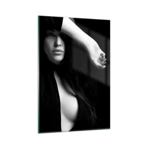 Cuadro sobre vidrio - Impresiones sobre Vidrio - Retrato elegante de una mujer en blanco y negro. - 80x120cm - Escuela de seducción - Decoración de pared moderna para salón y dormitorio ARTTOR
