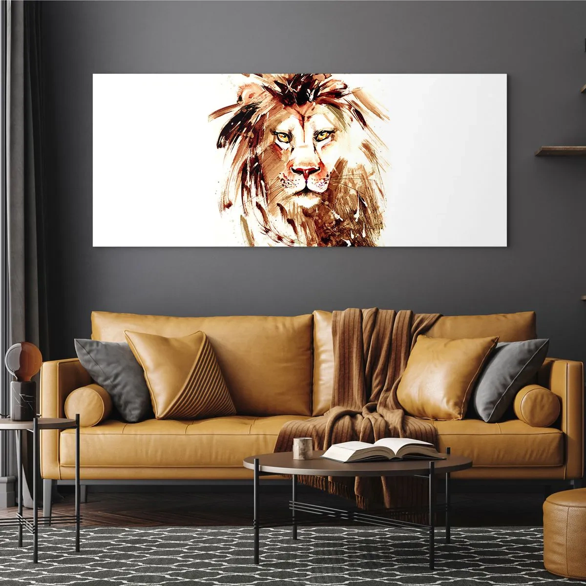 Cuadro sobre vidrio - Impresiones sobre Vidrio - Retrato en acuarela de un león con intensos detalles. - 120x50cm - Fuerza y dignidad - Decoración de pared moderna para salón y dormitorio ARTTOR