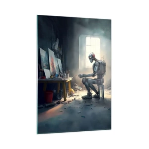 Cuadro sobre vidrio - Impresiones sobre Vidrio - Un robot pintando cuadros en un estudio de arte. - 50x70cm - El acto de creación - Decoración de pared moderna para salón y dormitorio ARTTOR