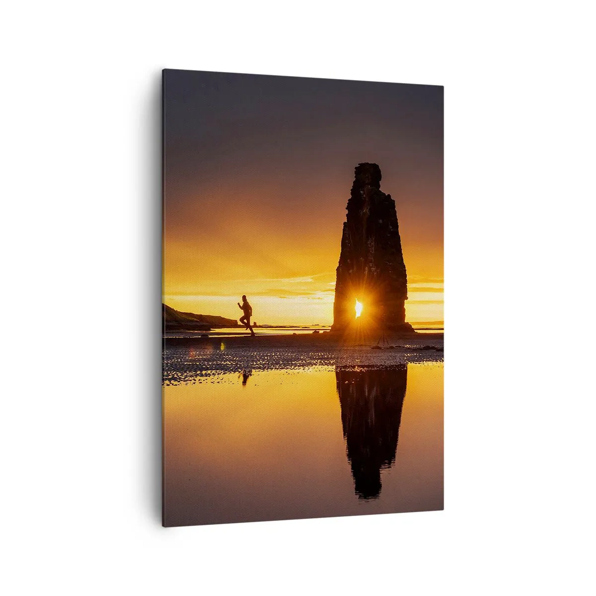 Cuadro sobre lienzo - Impresión de Imagen - Persona corriendo en la playa al atardecer con formación rocosa - 70x100cm - Solo tú y la naturaleza - Decoración de pared moderna para salón y dormitorio ARTTOR