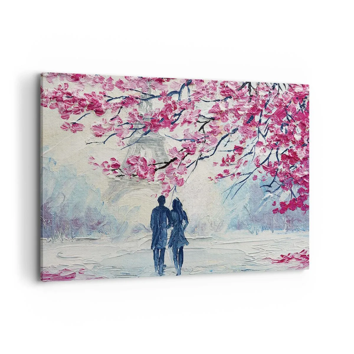 Cuadro sobre lienzo - Impresión de Imagen - Una pareja bajo árboles rosados en flor en un entorno romántico. - 120x80cm - Un paseo romántico - Decoración de pared moderna para salón y dormitorio ARTTOR