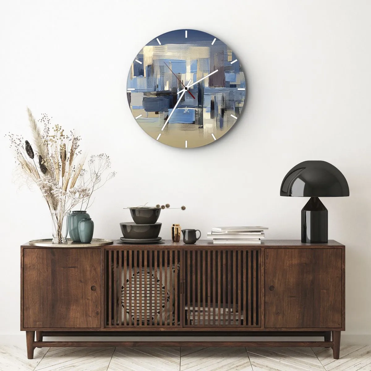 Reloj de pared - Reloj de vidrio - Construcción azul - 40x40 cm