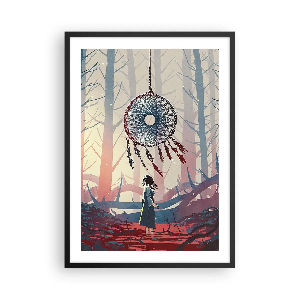 Póster en marco negro - Una figura en el bosque con un atrapasueños sobre un fondo pastel. - 50x70cm - El ritual secreto de la felicidad - Decoración de pared moderna para salón y dormitorio ARTTOR