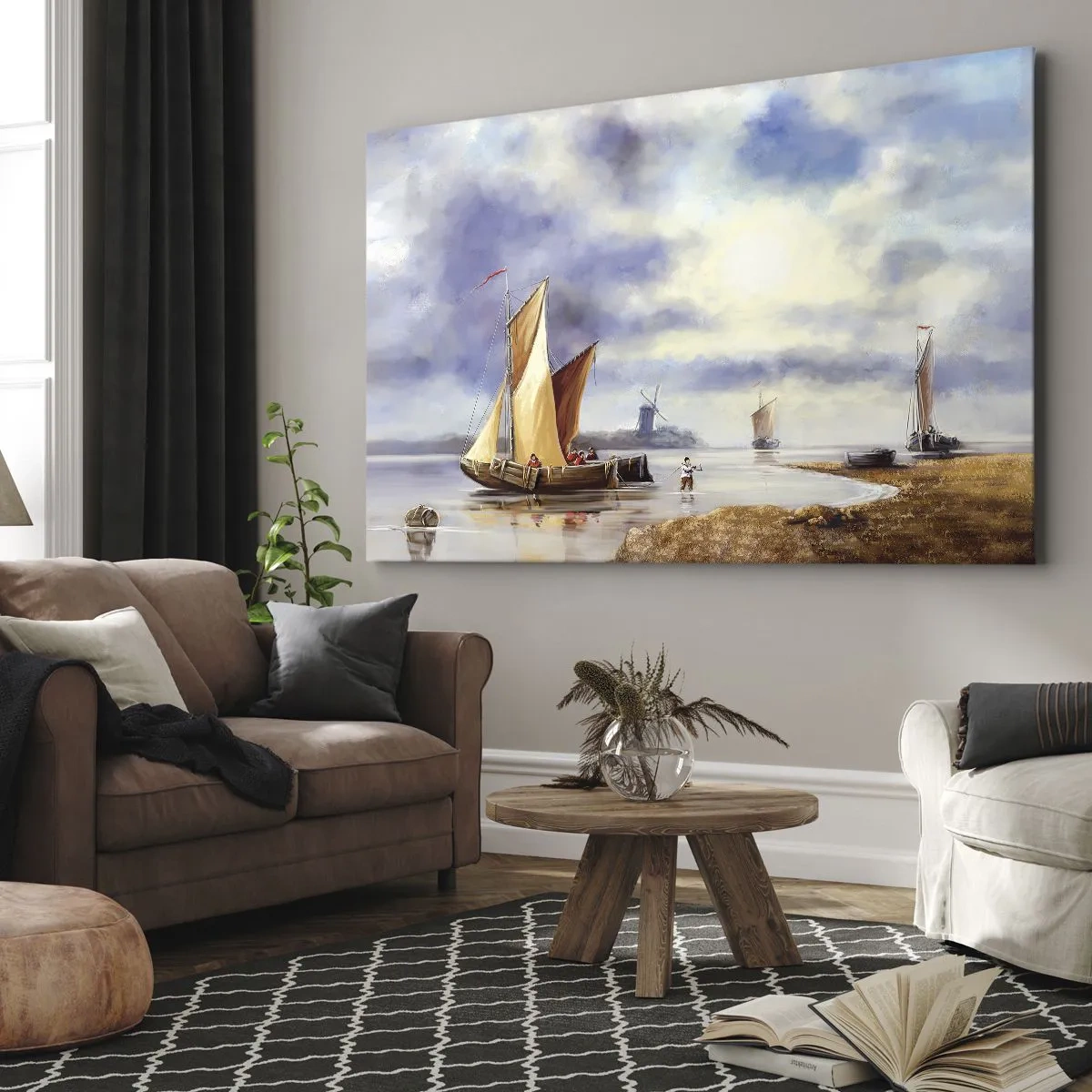Cuadro sobre lienzo - Impresión de Imagen - Veleros en aguas tranquilas con molinos de viento al fondo - 120x80cm - El regreso de los marineros - Decoración de pared moderna para salón y dormitorio ARTTOR