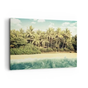 Cuadro sobre lienzo - Impresión de Imagen - Playa tropical con palmeras y mar turquesa. - 120x80cm - ¿Qué tal aquí? - Decoración de pared moderna para salón y dormitorio ARTTOR