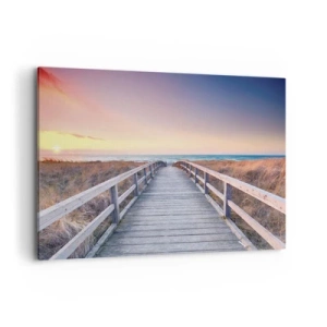 Cuadro sobre lienzo - Impresión de Imagen - Un embarcadero de madera que conduce a la playa al atardecer con el cielo pintado en colores pastel. - 100x70cm - Aurora vespertina del Báltico - Decoración de pared moderna para salón y dormitorio ARTTOR