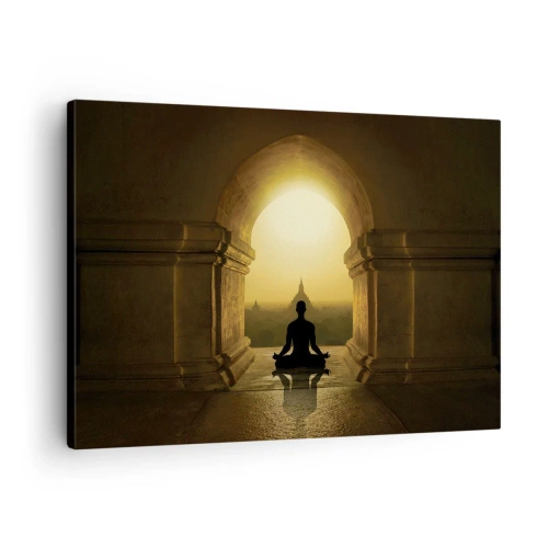 Cuadro sobre lienzo - Impresión de Imagen - Silueta de una persona meditando a la luz del sol poniente. - 70x50cm - Armonía total - Decoración de pared moderna para salón y dormitorio ARTTOR