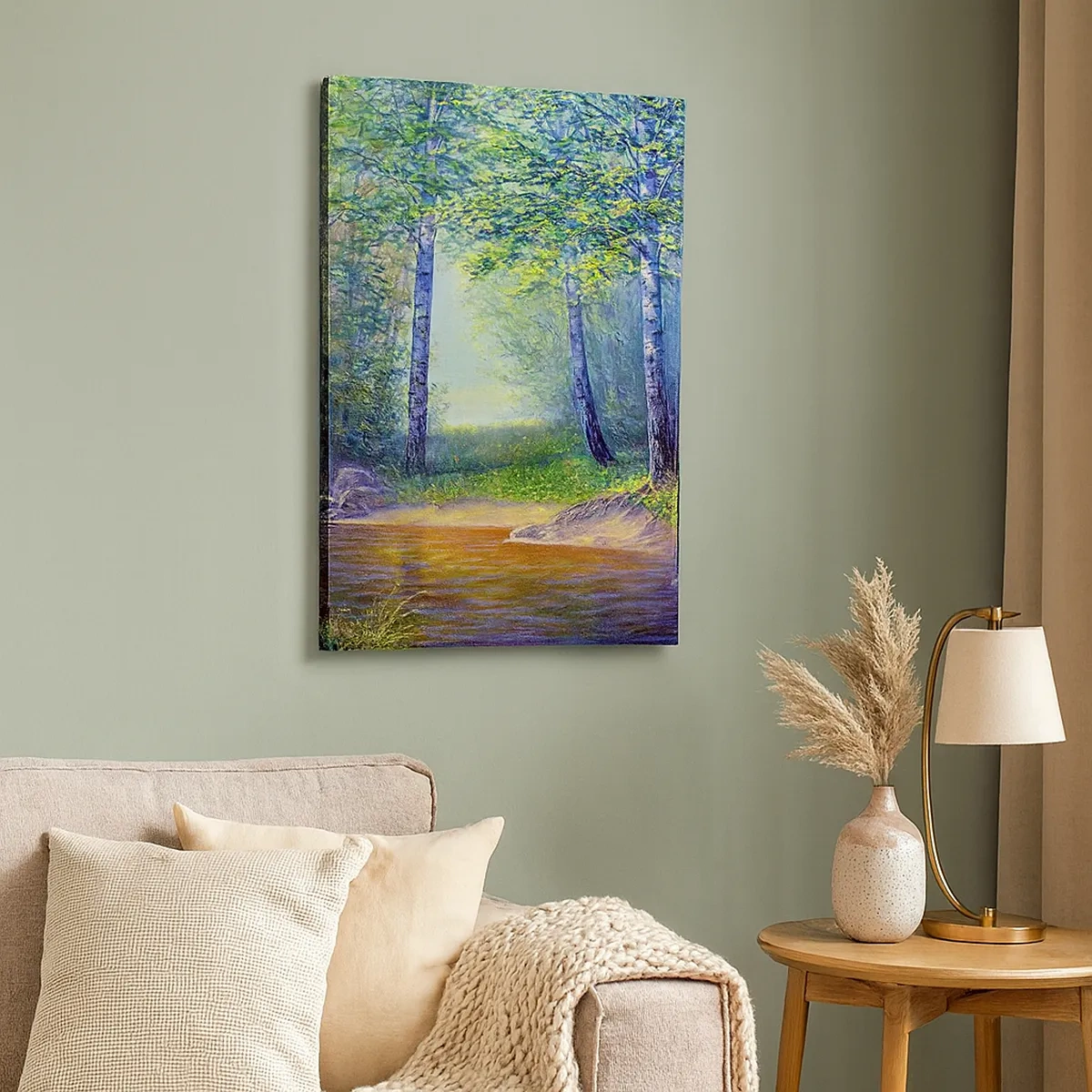 Cuadro sobre lienzo - Impresión de Imagen - Un arroyo forestal rodeado de abedules y sol. - 50x70cm - Paisaje idílico - Decoración de pared moderna para salón y dormitorio ARTTOR