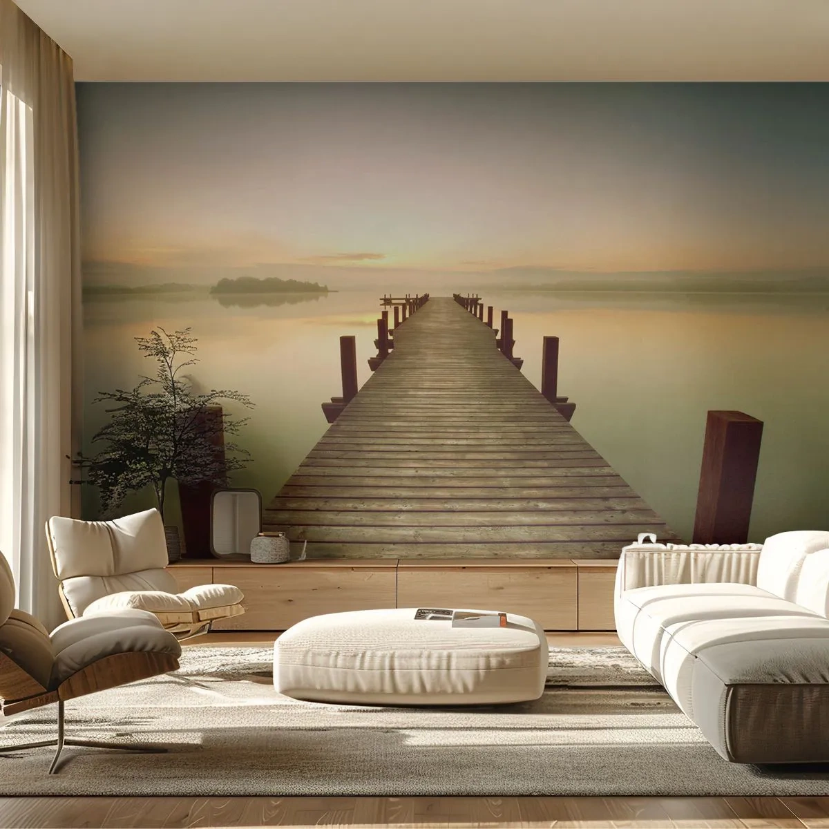 Fotomural personalizado Standard Eco - Antes del amanecer, al amanecer, la luz - Paisaje, Lago, Puente de madera