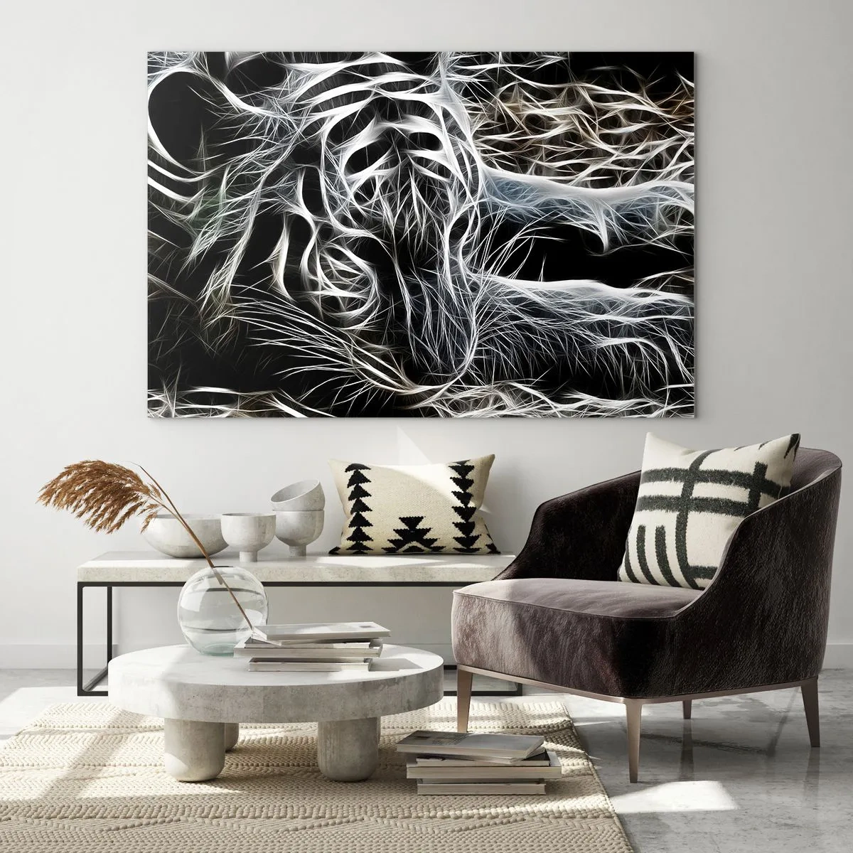Cuadro sobre vidrio - Impresiones sobre Vidrio - Tigre abstracto en líneas luminosas sobre fondo negro - 120x80cm - Un estudio sobre la ligereza felina - Decoración de pared moderna para salón y dormitorio ARTTOR