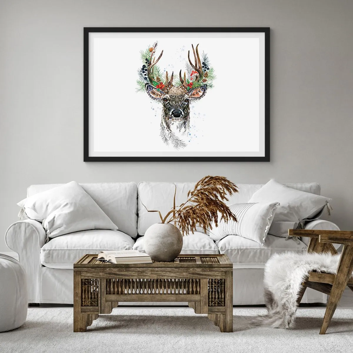 Póster en marco negro - Ciervo estilizado con astas decorativas sobre un fondo blanco. - 70x50cm - Con vestimenta festiva - Decoración de pared moderna para salón y dormitorio ARTTOR