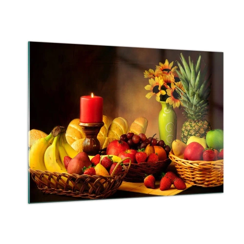 Cuadro sobre vidrio - Impresiones sobre Vidrio - Una composición de fruta, pan y una vela en estilo rústico. - 100x70cm - Bodegón con pan y fruta - Decoración de pared moderna para salón y dormitorio ARTTOR