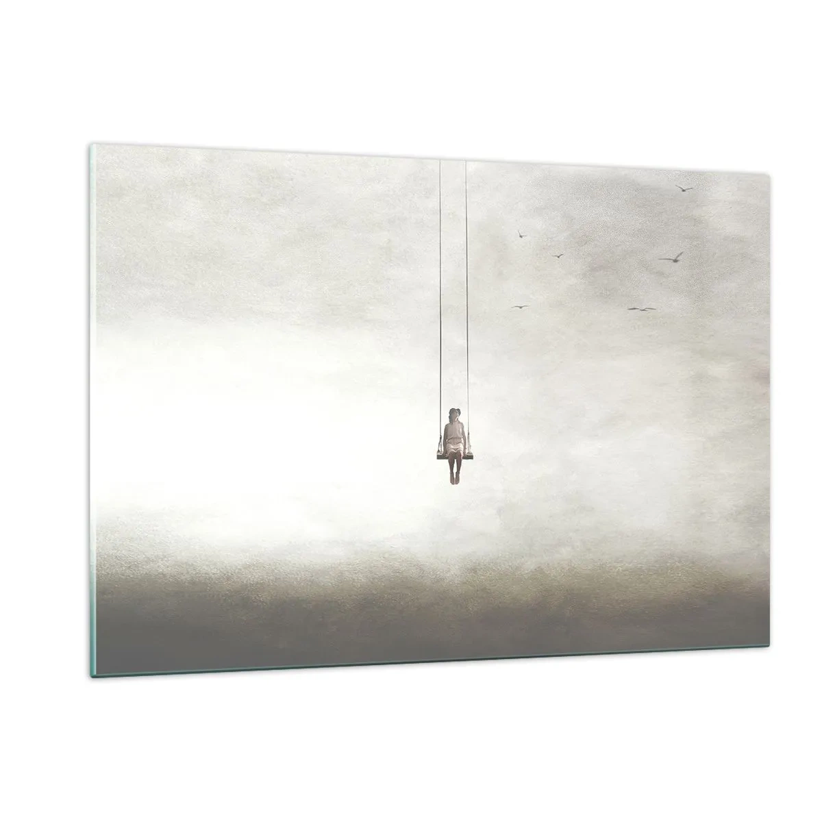 Cuadro sobre vidrio - Impresiones sobre Vidrio - Una figura en un columpio suspendido en el cielo. - 120x80cm - El niño que llevamos dentro - Decoración de pared moderna para salón y dormitorio ARTTOR