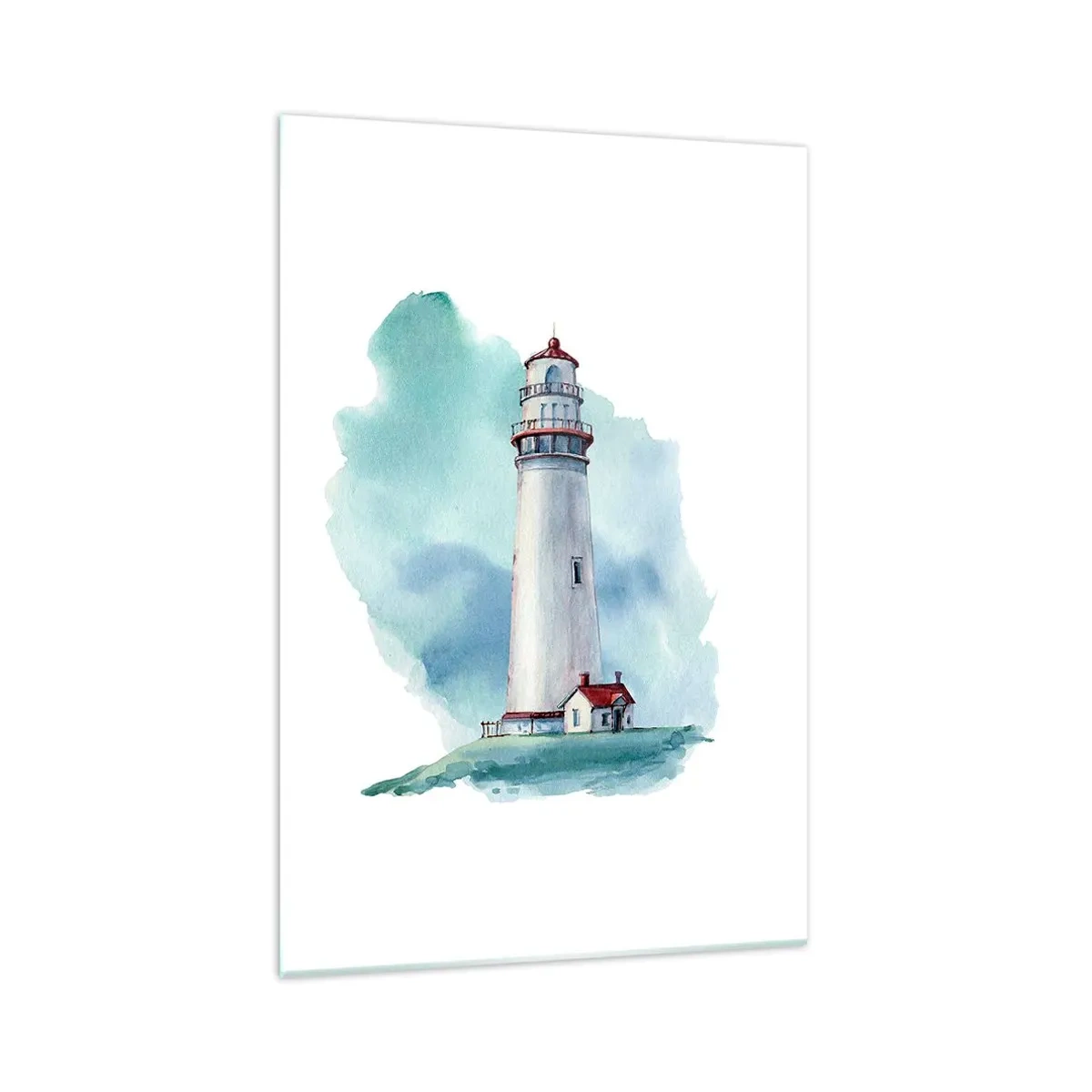 Cuadro sobre vidrio - Impresiones sobre Vidrio - Un faro sobre un fondo azul de acuarela. - 70x100cm - Gentil hermana del azul - Decoración de pared moderna para salón y dormitorio ARTTOR