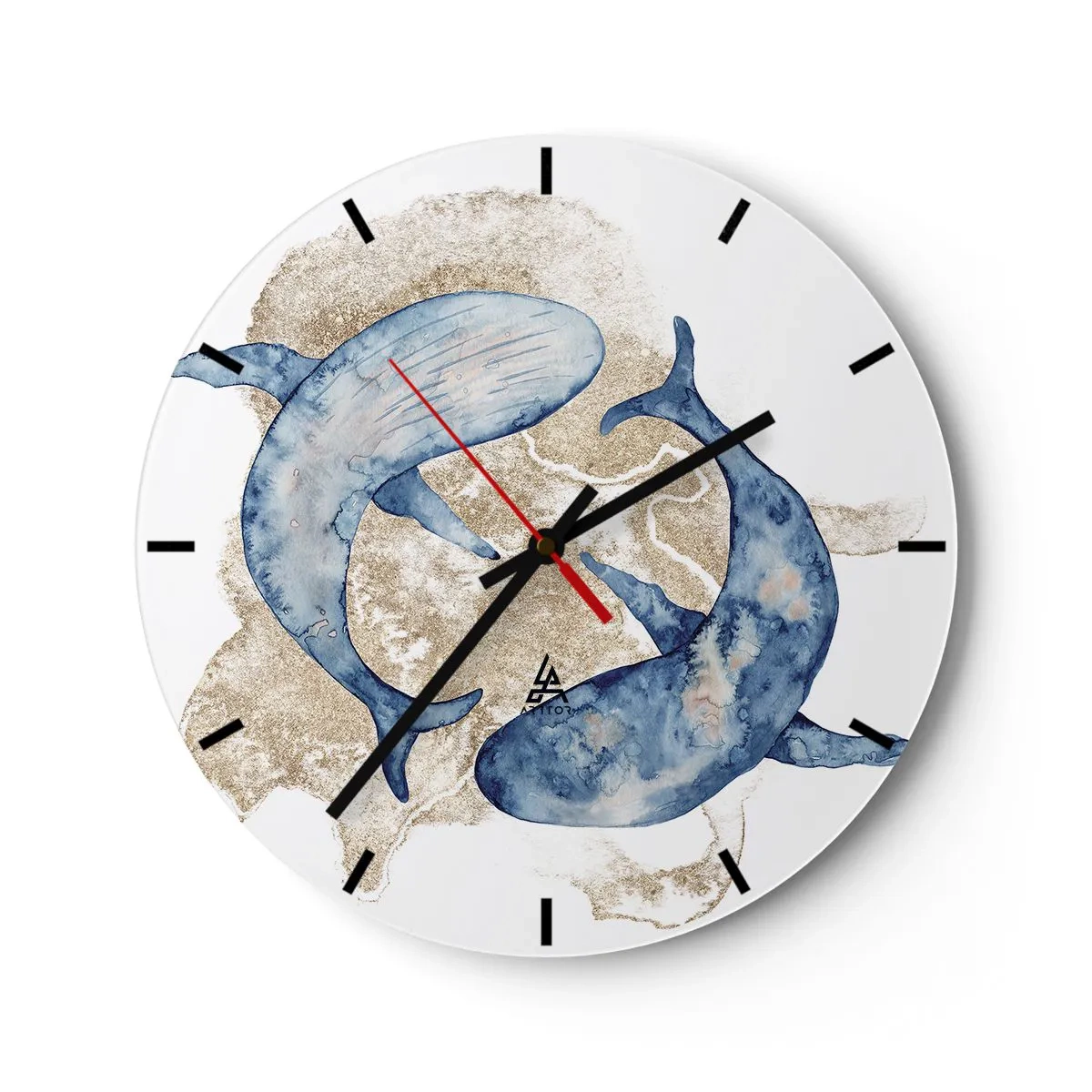 Reloj de pared - Reloj de vidrio - Ballenas azules contra la arena dorada - 30x30cm - ¿Amistad o amor? - Decoración de pared moderna para salón, cocina y dormitorio ARTTOR