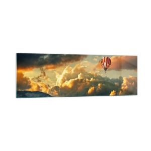 Cuadro sobre vidrio - Impresiones sobre Vidrio - Un globo contra un fondo de nubes dramáticas. - 160x50cm - Vuelo porque quiero - Decoración de pared moderna para salón y dormitorio ARTTOR
