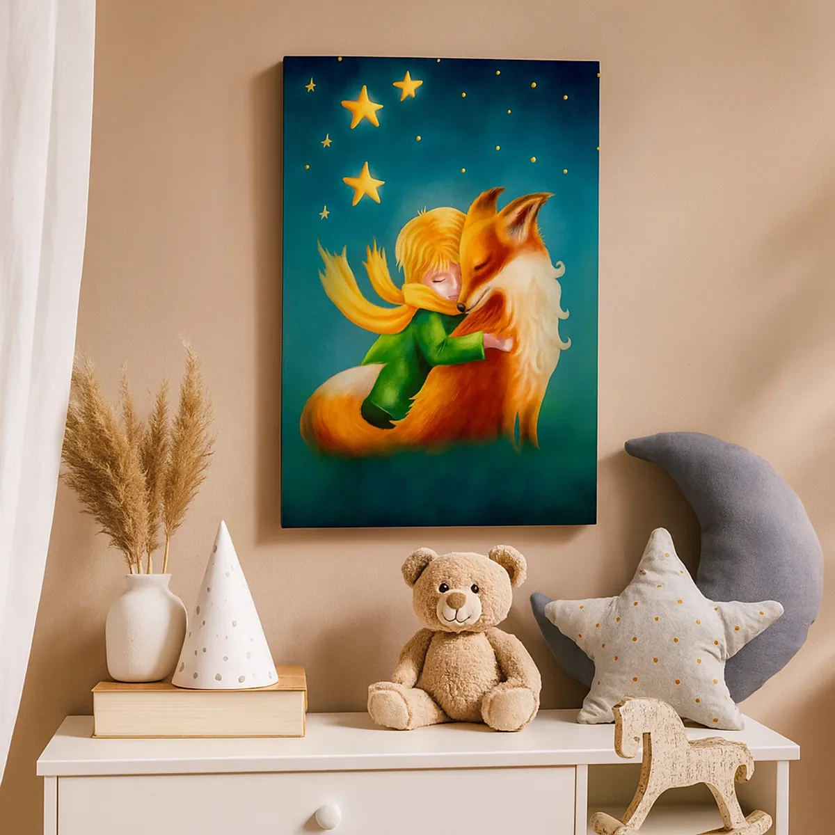 Cuadro sobre lienzo - Impresión de Imagen - Un niño con un zorro en un entorno mágico con estrellas. - 50x70cm - El Principito - Decoración de pared moderna para salón y dormitorio ARTTOR