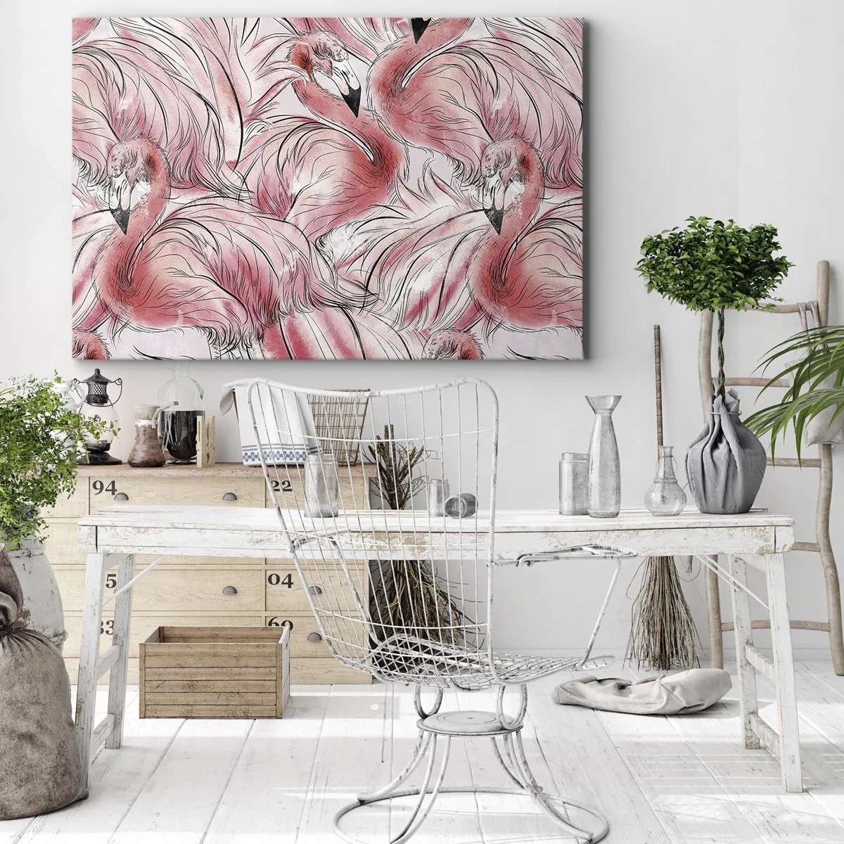 Cuadro sobre lienzo - Impresión de Imagen - Delicados dibujos de flamencos rosados - 100x70cm - Ballet de aves - Decoración de pared moderna para salón y dormitorio ARTTOR