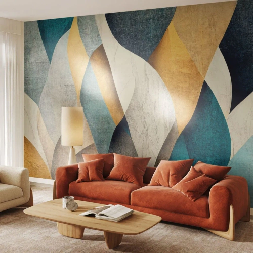 Fotomural Premium Sand - Formas abstractas en tonos dorados, beige y azules. - 100x70cm - Ritmo y ondulación - Decoración de pared moderna para salón y dormitorio ARTTOR