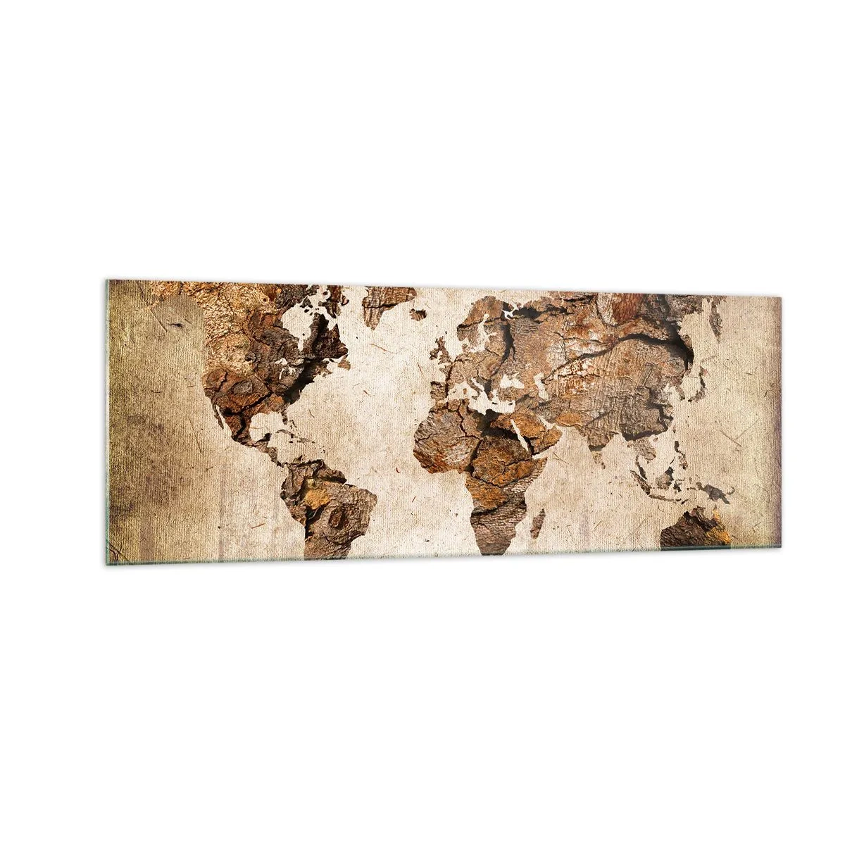Cuadro sobre vidrio - Impresiones sobre Vidrio - Un mapa del mundo en estilo rústico de madera. - 140x50cm - El descubrimiento del mundo - Decoración de pared moderna para salón y dormitorio ARTTOR