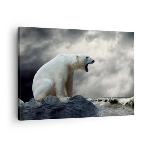 Cuadro sobre lienzo - Impresión de Imagen - Un oso polar en las rocas sobre un mar tempestuoso. - 70x50cm - El solitario rey del Ártico - Decoración de pared moderna para salón y dormitorio ARTTOR