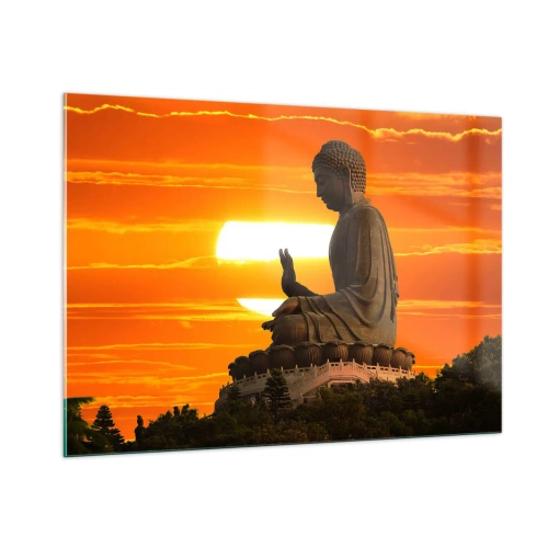 Cuadro sobre vidrio - Impresiones sobre Vidrio - Estatua de Buda con el sol poniente como telón de fondo - 100x70cm - Sin miedo al mundo - Decoración de pared moderna para salón y dormitorio ARTTOR