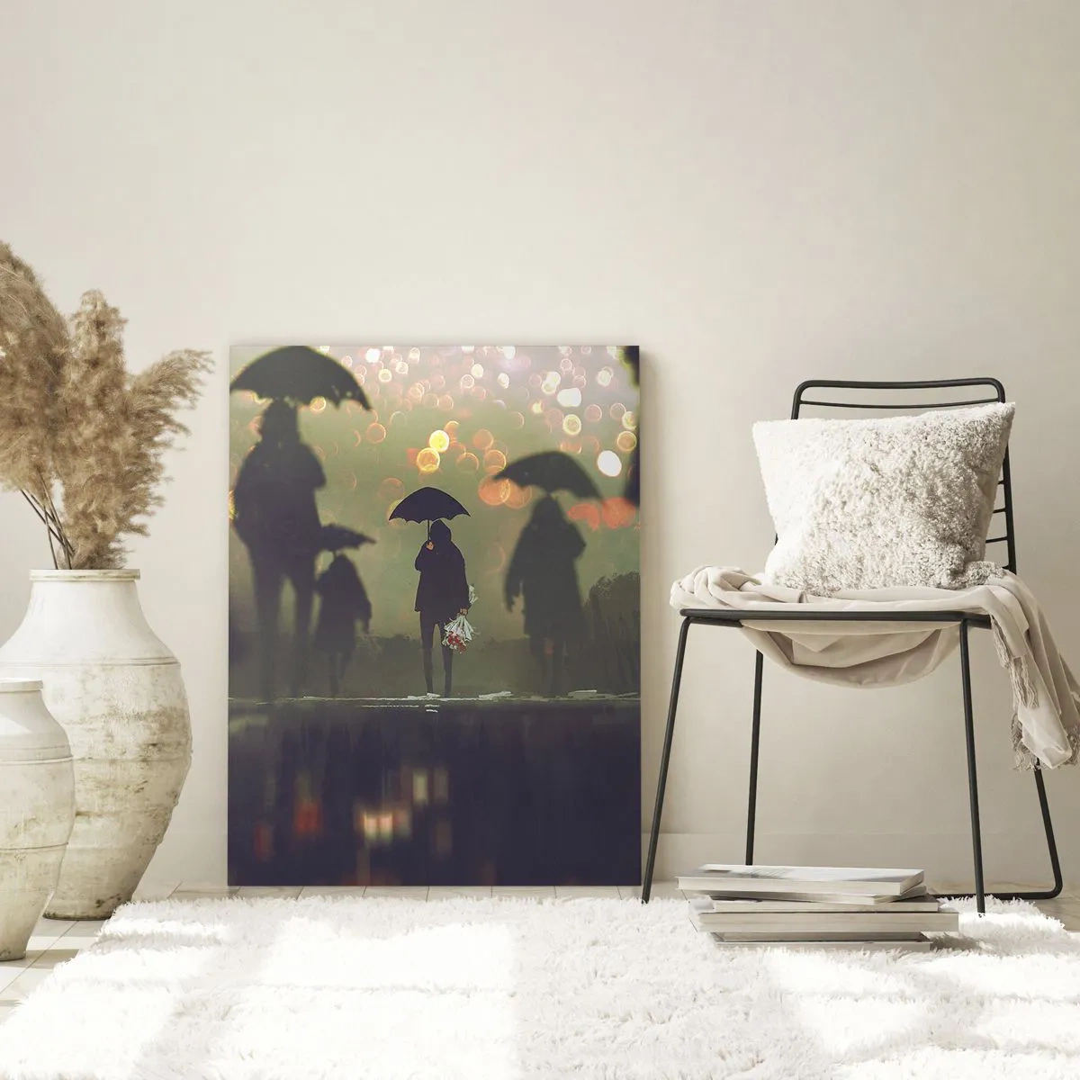 Cuadro sobre vidrio - Impresiones sobre Vidrio - Una figura con un paraguas en una tarde lluviosa entre las luces de la ciudad. - 80x120cm - Desde la perspectiva de una gota de lluvia - Decoración de pared moderna para salón y dormitorio ARTTOR