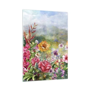 Cuadro sobre vidrio - Impresiones sobre Vidrio - Un ramo de flores de colores sobre un paisaje pintoresco. - 50x70cm - Un jardín enloquecido - Decoración de pared moderna para salón y dormitorio ARTTOR