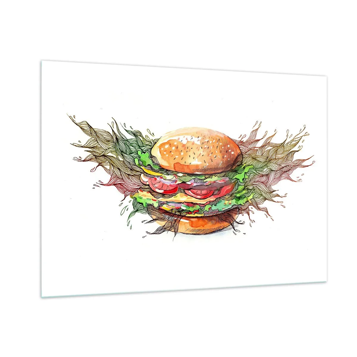 Cuadro sobre vidrio - Impresiones sobre Vidrio - Dibujo artístico de una hamburguesa con detalles en acuarela. - 100x70cm - Tentación irresistible - Decoración de pared moderna para salón y dormitorio ARTTOR
