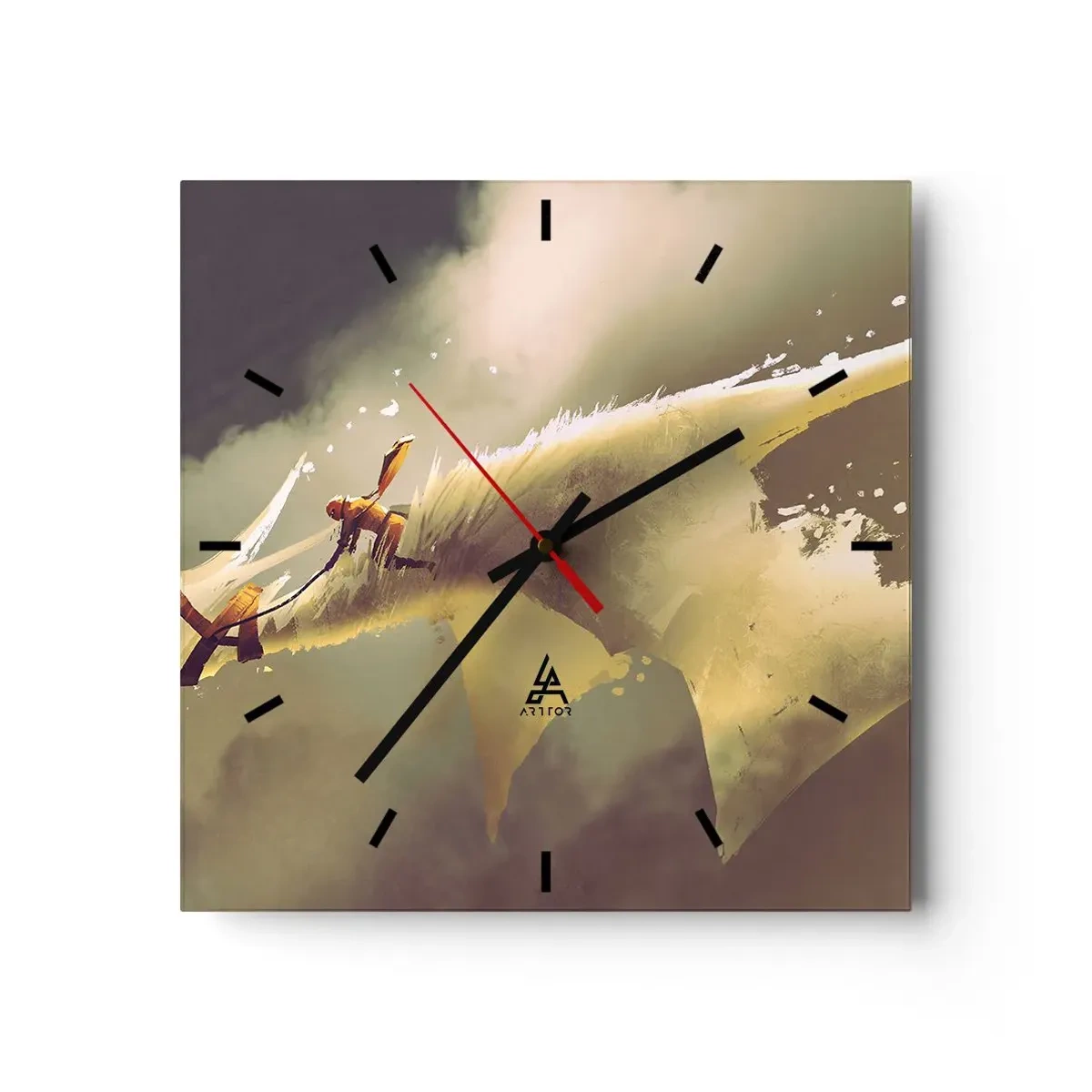 Reloj de pared - Reloj de vidrio - Ilustración de un jinete de dragón en un paisaje de nubes de fantasía - 30x30cm - Al rescate - Decoración de pared moderna para salón y dormitorio ARTTOR