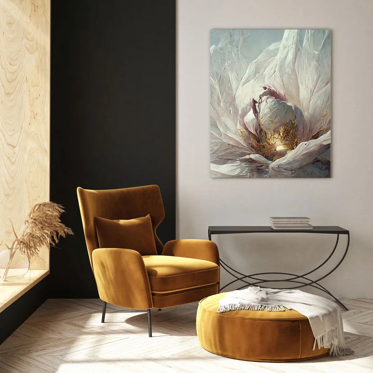 Cuadro sobre vidrio - Impresiones sobre Vidrio - Una delicada flor blanca con sutiles acentos dorados. - 70x100cm - Florece una vez cada cien años - Decoración de pared moderna para salón y dormitorio ARTTOR