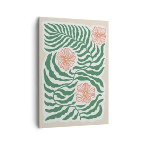 Cuadro sobre lienzo - Impresión de Imagen - Un motivo minimalista de hojas verdes con flores en tonos naranjas. - 50x70cm - Florecido en verde - Decoración de pared moderna para salón y dormitorio ARTTOR