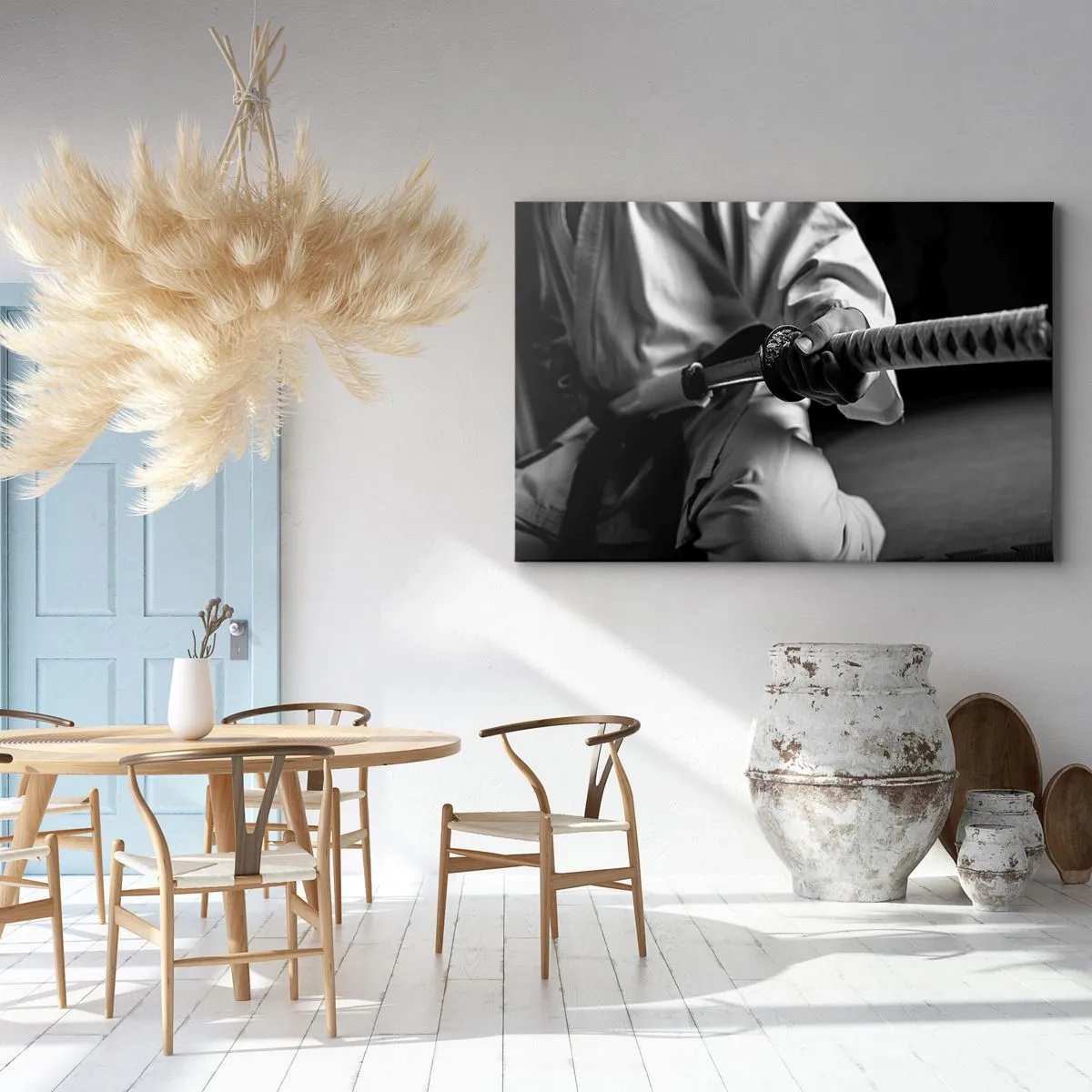 Cuadro sobre lienzo - Impresión de Imagen - Un samurái con kimono sosteniendo una katana en blanco y negro. - 100x70cm - Alma de guerrero - Decoración de pared moderna para salón y dormitorio ARTTOR