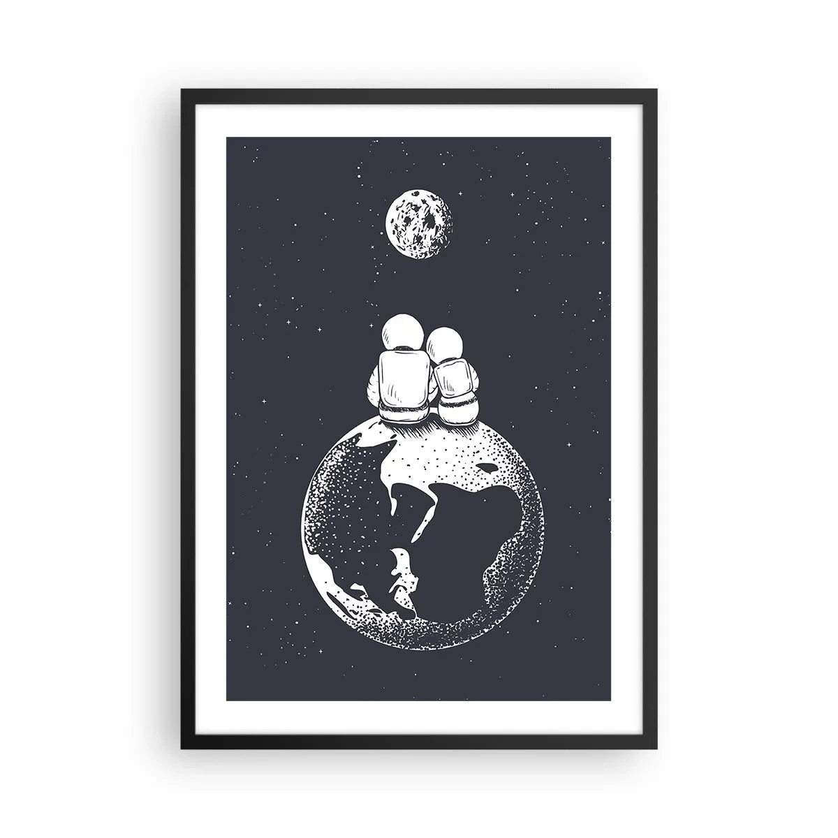 Póster en marco negro - Astronautas sentados en la Tierra mirando la Luna - 50x70cm - Una historia de amor cósmico - Decoración de pared moderna para salón y dormitorio ARTTOR