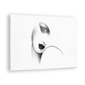 Cuadro sobre vidrio - Impresiones sobre Vidrio - Boceto Art Déco de un rostro de mujer en blanco y negro - 70x50cm - Pensativa - Decoración de pared moderna para salón y dormitorio ARTTOR