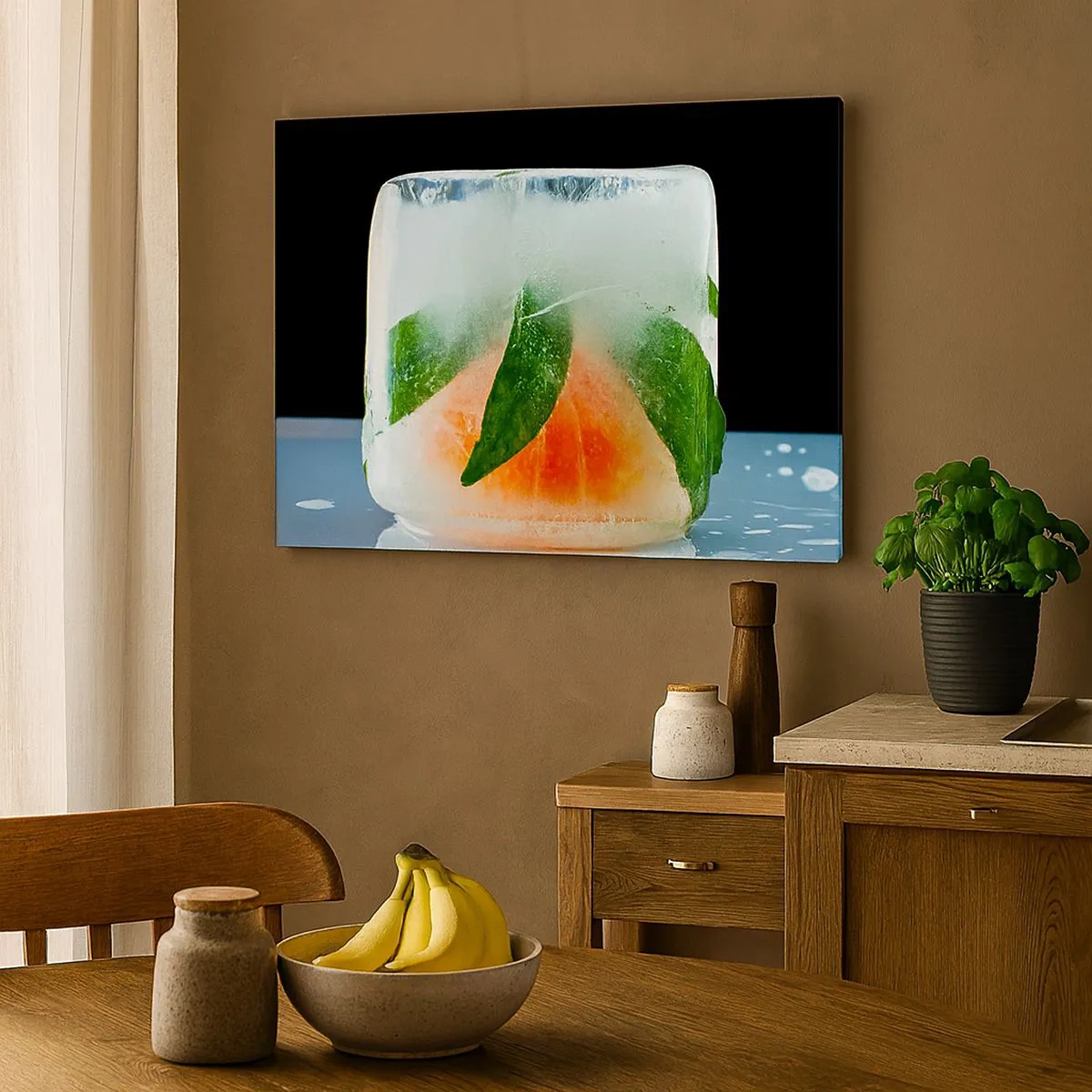 Cuadro sobre lienzo - Impresión de Imagen - Cubito de hielo con naranja y hojas - 70x50cm - Frescura - Decoración de pared moderna para salón y dormitorio ARTTOR