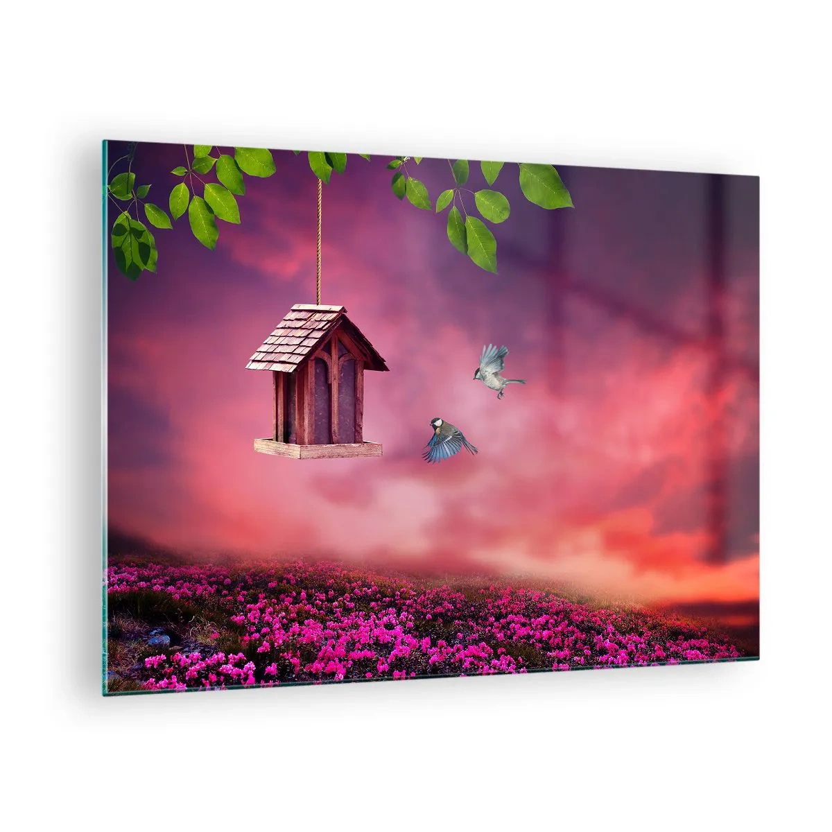 Cuadro sobre vidrio - Impresiones sobre Vidrio - Un comedero para pájaros contra un cielo rosado. - 70x50cm - Invitación a una cena - Decoración de pared moderna para salón y dormitorio ARTTOR