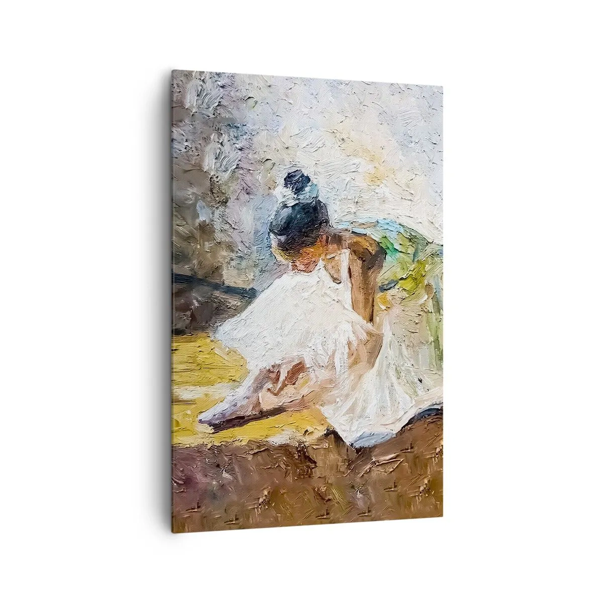 Cuadro sobre lienzo - Impresión de Imagen - Una bailarina con un vestido blanco de estilo pictórico sobre un fondo impresionista. - 80x120cm - De un cuadro de Degas - Decoración de pared moderna para salón y dormitorio ARTTOR
