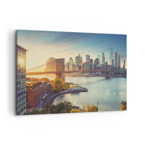Cuadro sobre lienzo - Impresión de Imagen - Panorama de la ciudad con el puente al atardecer - 120x80cm - El amanecer de la gran ciudad - Decoración de pared moderna para salón y dormitorio ARTTOR