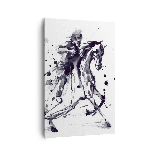 Cuadro sobre lienzo - Impresión de Imagen - Acuarela en blanco y negro de un jinete sobre un caballo al galope. - 80x120cm - Caballero negro - Decoración de pared moderna para salón y dormitorio ARTTOR
