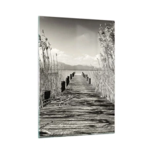 Cuadro sobre vidrio - Impresiones sobre Vidrio - Un puente de madera atraviesa la hierba y cruza un lago tranquilo. - 50x70cm - En la quietud de los juncos - Decoración de pared moderna para salón y dormitorio ARTTOR