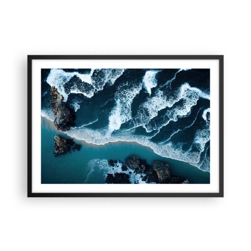 Póster en marco negro - Vista aérea de las olas rompiendo en la orilla - 70x50cm - Rodeadas por las olas - Decoración de pared moderna para salón y dormitorio ARTTOR