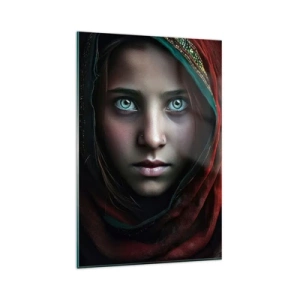 Cuadro sobre vidrio - Impresiones sobre Vidrio - Retrato de una mujer con una mirada intensa en colores cálidos. - 80x120cm - Princesa del Este - Decoración de pared moderna para salón y dormitorio ARTTOR