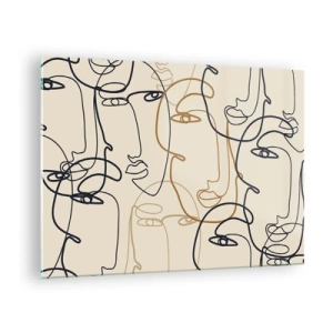 Cuadro sobre vidrio - Impresiones sobre Vidrio - Rostros contorneados dibujados de un solo trazo sobre beige - 70x50cm - Retrato multiplicado - Decoración de pared moderna para salón y dormitorio ARTTOR