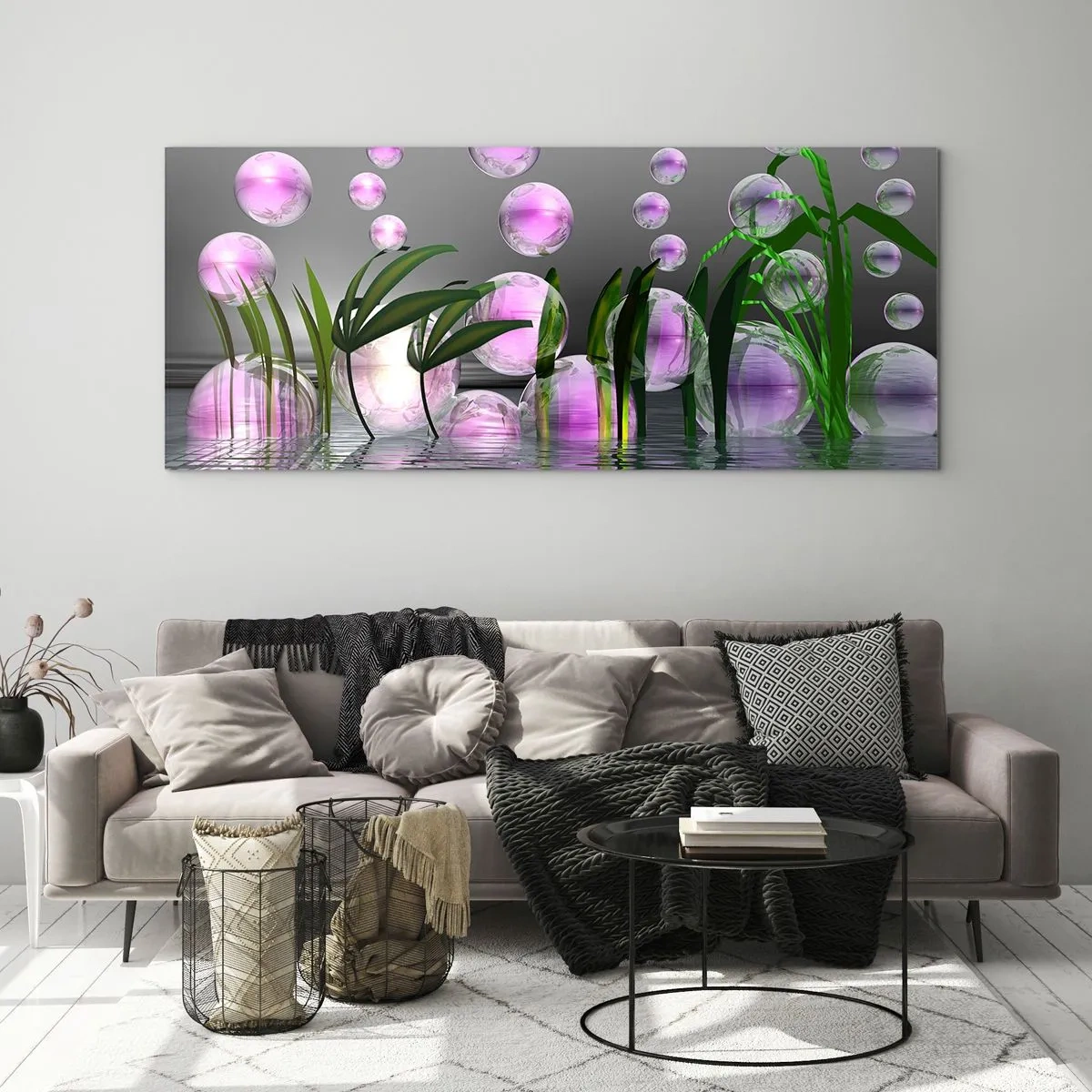 Cuadro sobre vidrio - Impresiones sobre Vidrio - Composición reflexiva de ligereza y vida - 100x40 cm