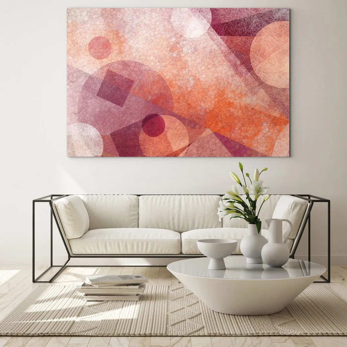 Cuadro sobre vidrio - Impresiones sobre Vidrio - Composición geométrica abstracta en tonos rosa y naranja. - 120x80cm - Transformaciones geométricas en rosa - Decoración de pared moderna para salón y dormitorio ARTTOR