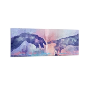 Cuadro sobre vidrio - Impresiones sobre Vidrio - Manos simbólicas en colores abstractos, haciendo referencia al tema de la creación. - 140x50cm - Chispa divina de vida - Decoración de pared moderna para salón y dormitorio ARTTOR